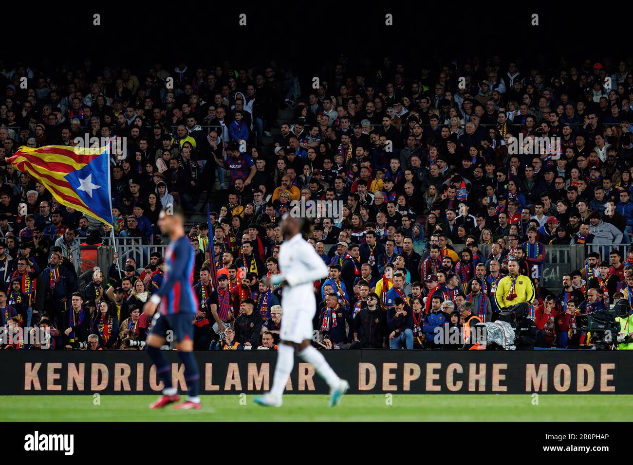BARCELONA - APR 5: Primavera Sound Festival announced on the billboards during the Copa del Rey match between FC Barcelona and Real Madrid at the Spot Stock Photo