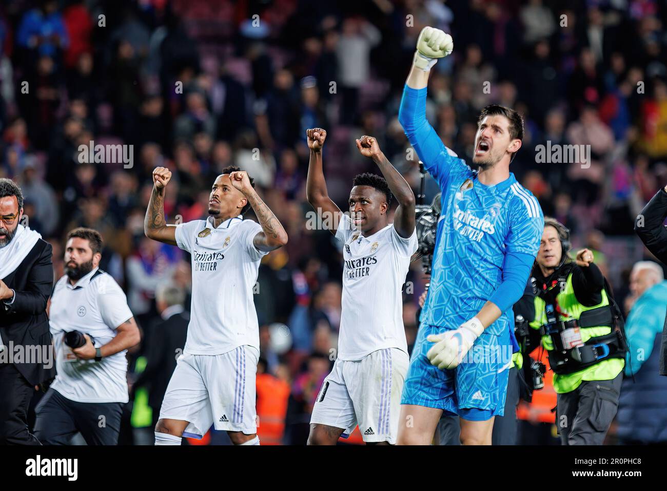 BARCELONA - APR 5: Courtois celebrates the victory during the Copa del Rey match between FC Barcelona and Real Madrid at the Spotify Camp Nou Stadium Stock Photo