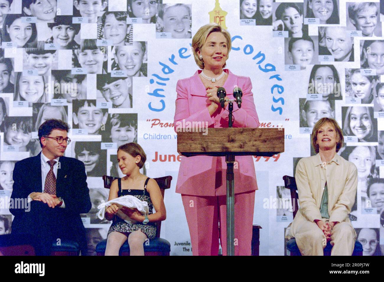 U.S First Lady Hillary Clinton addresses a White House event announcing $120 million dollars for a clinical trial aimed at finding a cure for Type 1 diabetes known as juvenile diabetes at the Old Executive Office Building, June 7, 1999 in Washington, D.C. Stock Photo