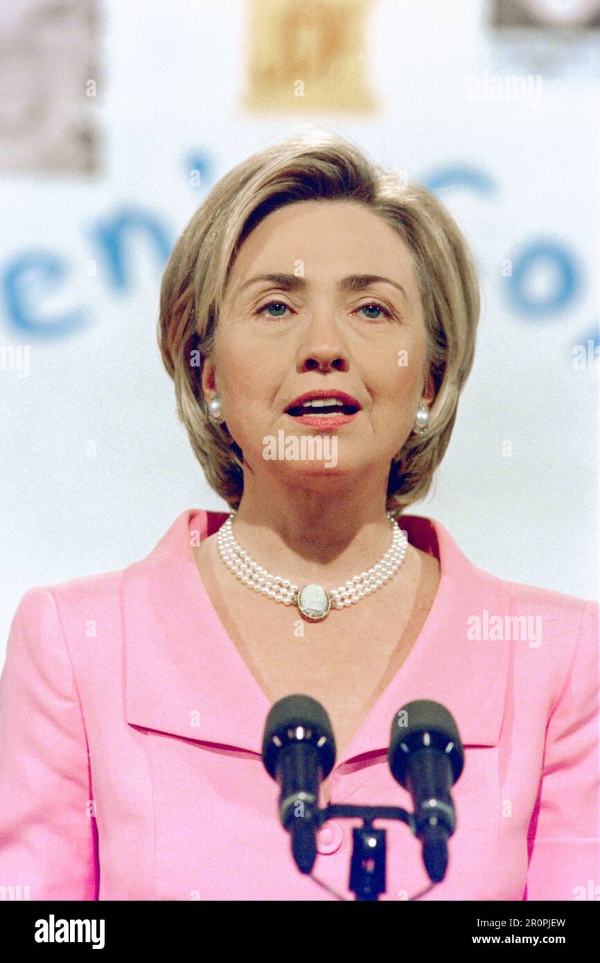 U.S First Lady Hillary Clinton addresses a White House event announcing $120 million dollars for a clinical trial aimed at finding a cure for Type 1 diabetes known as juvenile diabetes at the Old Executive Office Building, June 7, 1999 in Washington, D.C. Stock Photo