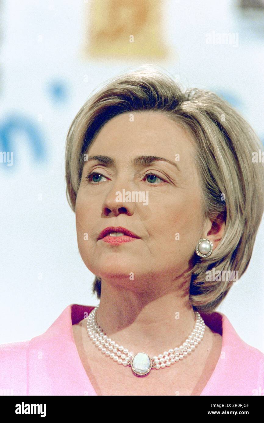 U.S First Lady Hillary Clinton addresses a White House event announcing $120 million dollars for a clinical trial aimed at finding a cure for Type 1 diabetes known as juvenile diabetes at the Old Executive Office Building, June 7, 1999 in Washington, D.C. Stock Photo