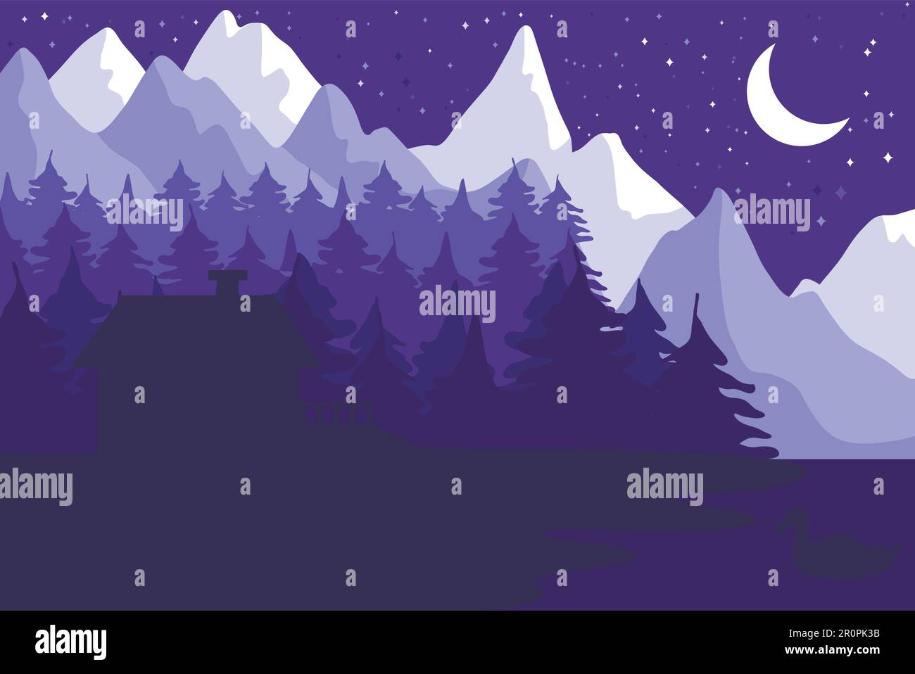 Forest house in the night coniferous forest near the mountains under moon. Vector Stock Vector