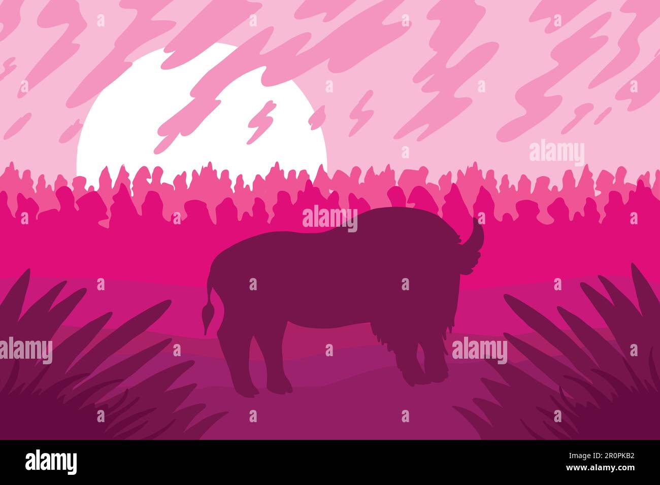 Landscape with wild bizon on field. Pink scene with sunset or sunrise. Vector Stock Vector