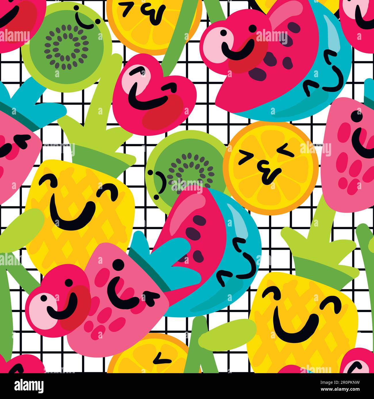 Fruits characters seamless vector pattern. Grid background with smiling kiwis, oranges, strawberries Stock Vector