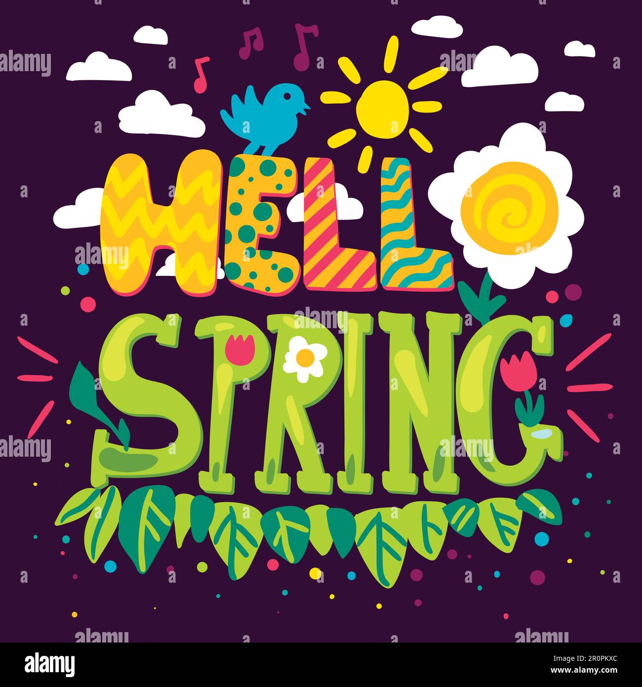 Hello spring hand drawn lettering. Flat design quote. Greeting card ...