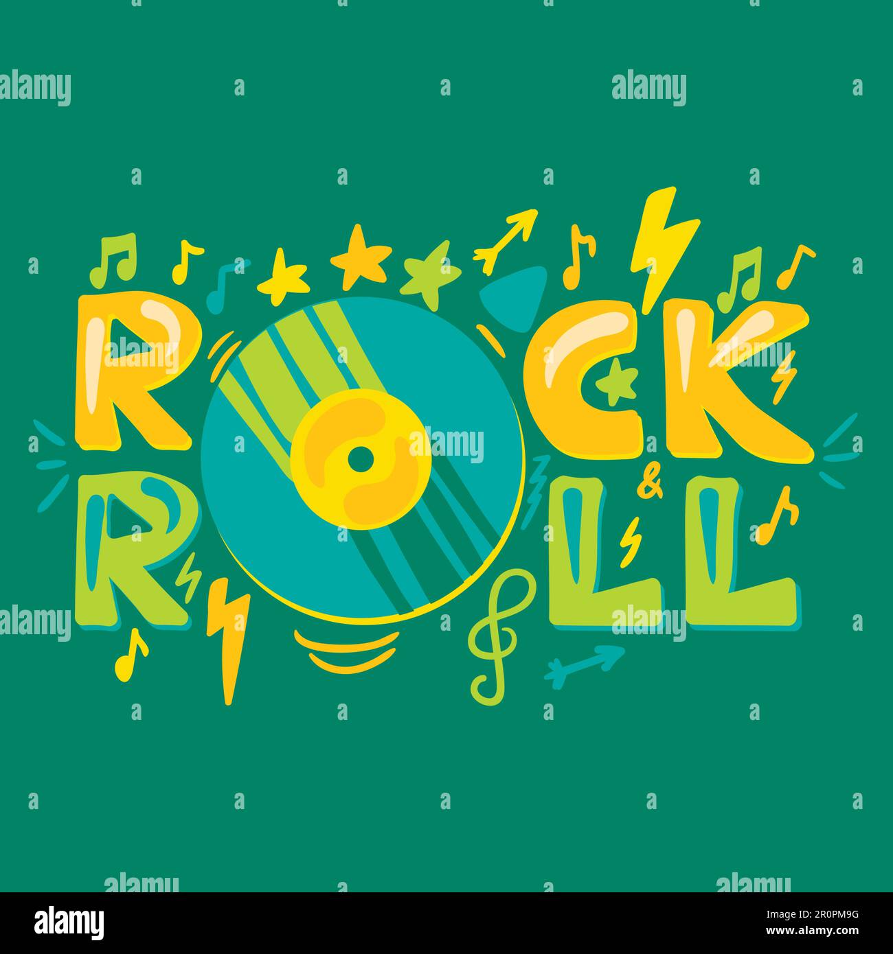 Retro music text Rock'n'roll with vinyl plate. Musical concert poster