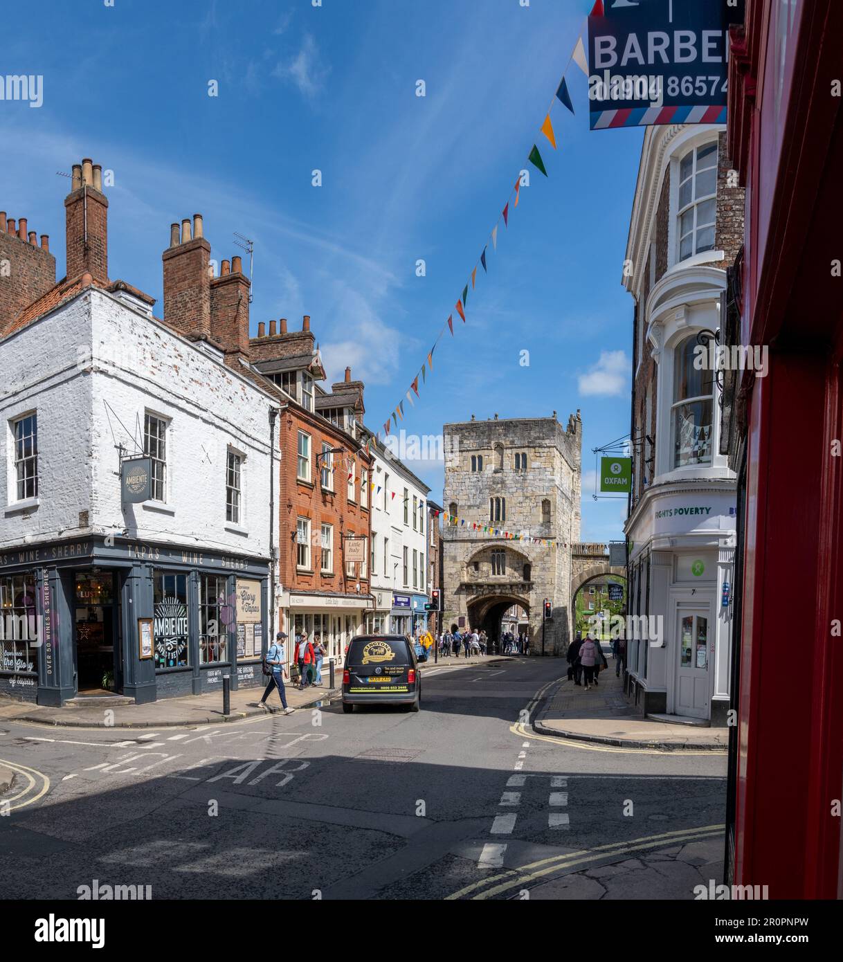 MONK BAR, YORK, UK MAY 9, 2023. A street view of shops and tourist