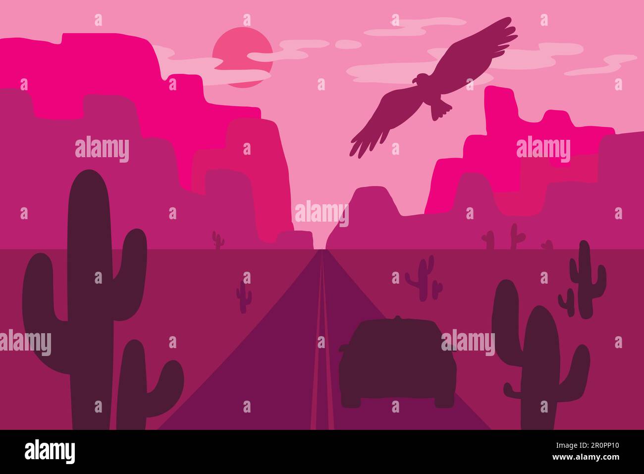 Desert landscape with eagle, cactus and sun. Wild west. Vector Stock