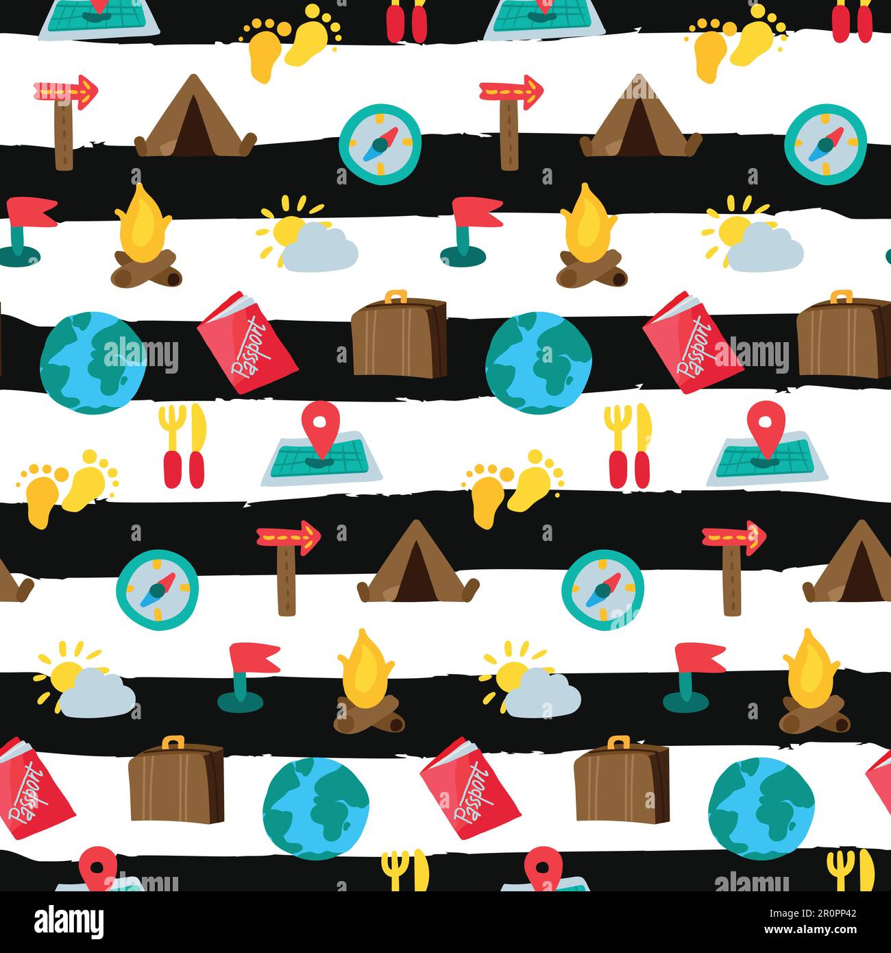 Cartoon travelling and camping seamless pattern. Hipster background ...
