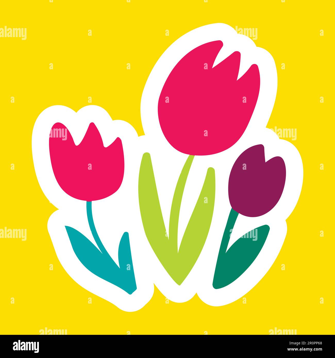 Vector Romantic Love Patch in doodle cartoon style. A bouquet of tulips. Girl fashion patchworks design. Nice cartoon sticker. Fun badge. Stock Vector