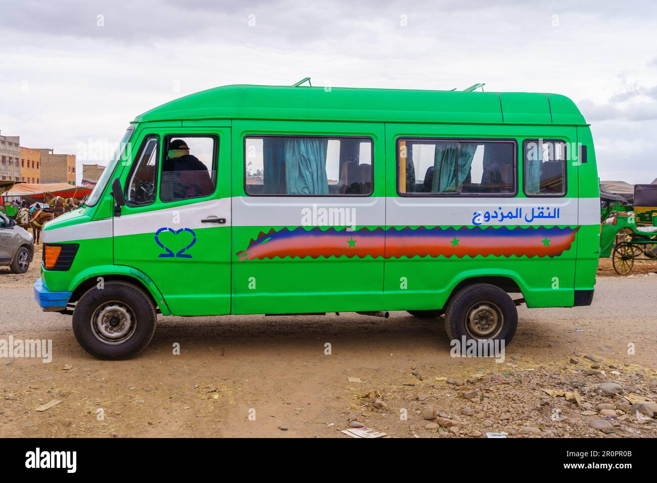 Ait Ourir, Morocco April 04, 2023 Local market scene, with a minibus