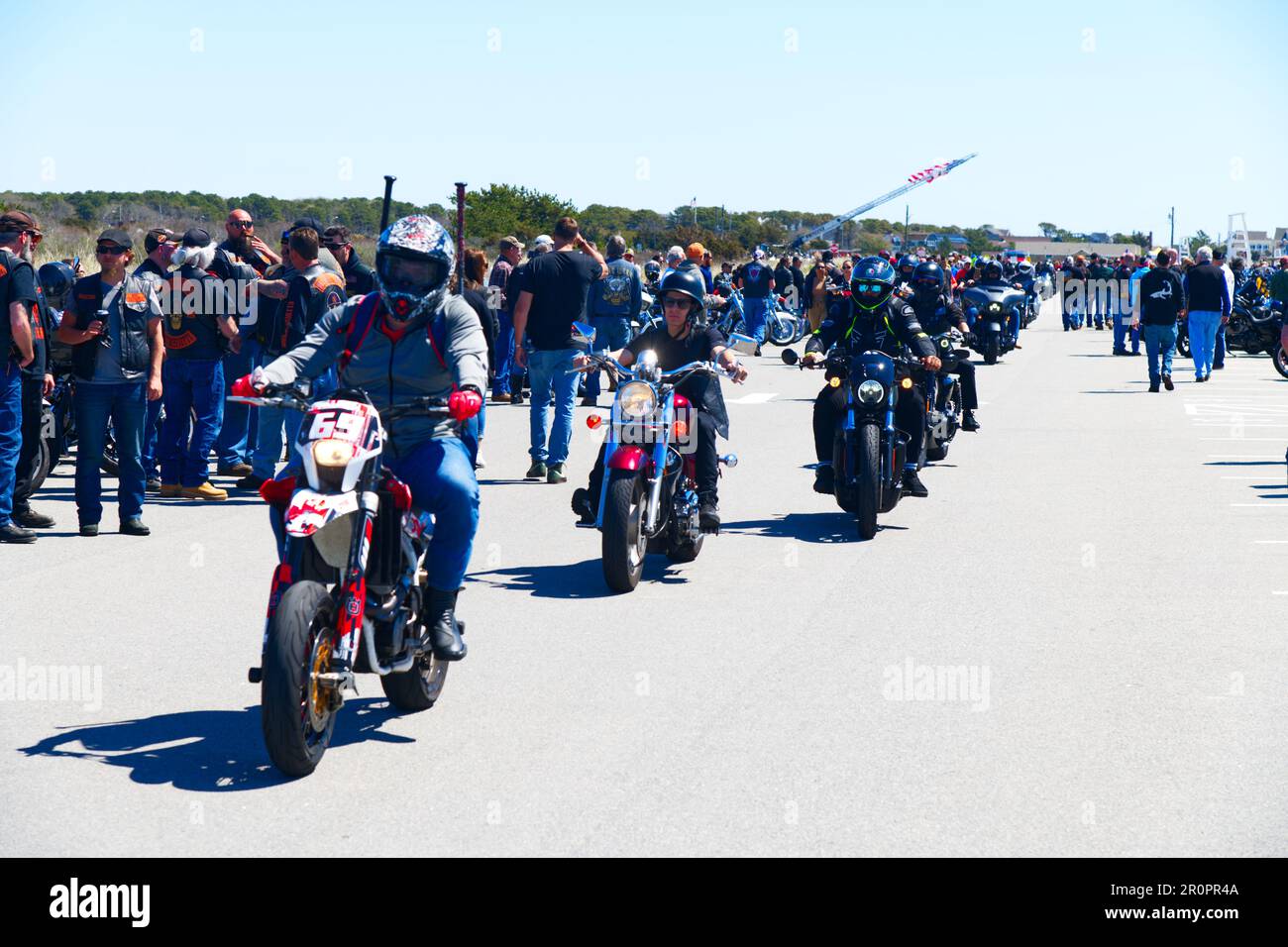 Blessing of the Bikes.  West Dennis, Massachusetts, on Cape Cod.  Bikes enter the event Stock Photo