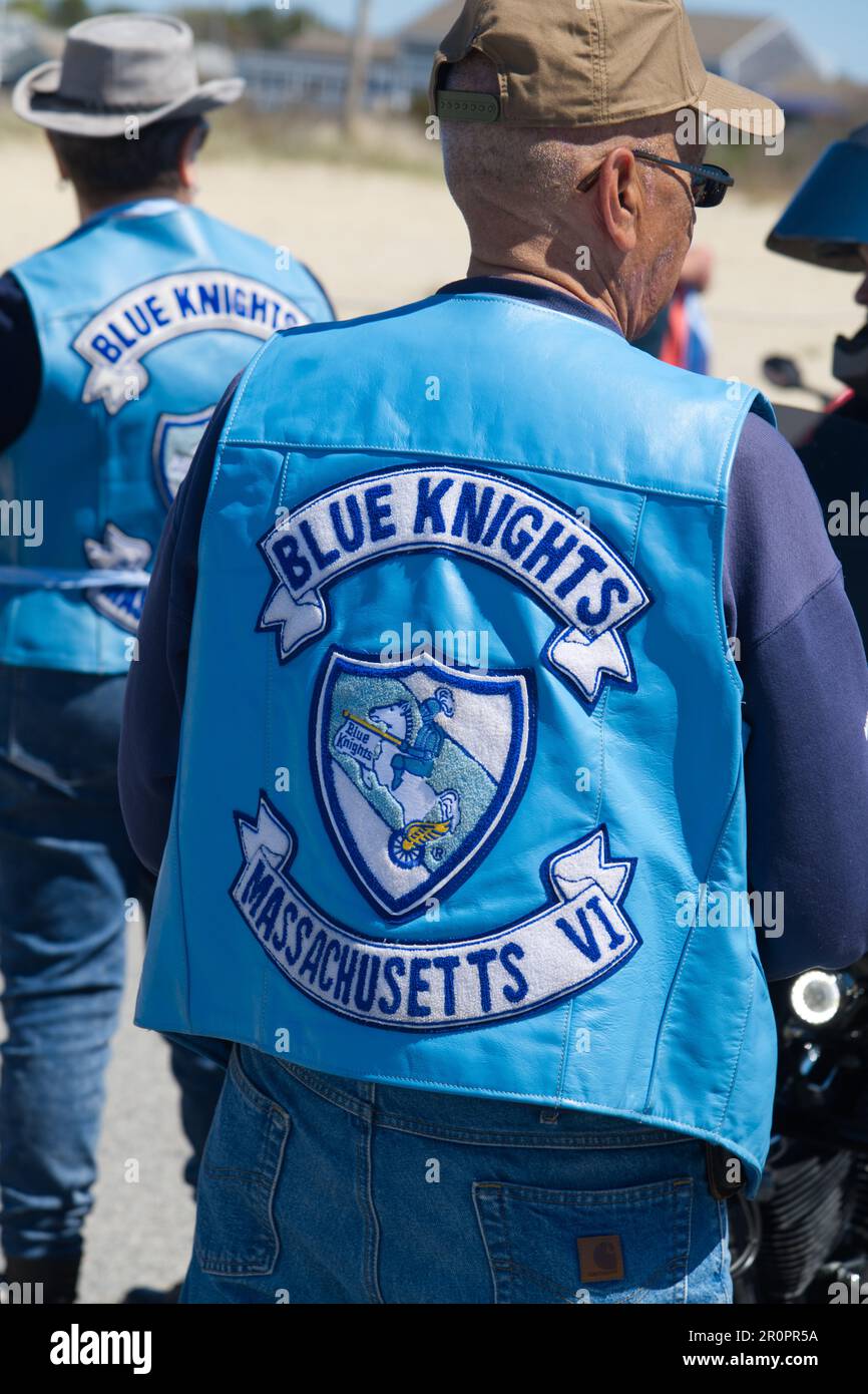 Blessing of the Bikes.  West Dennis, Massachusetts, on Cape Cod. Blue Knights vest. Stock Photo