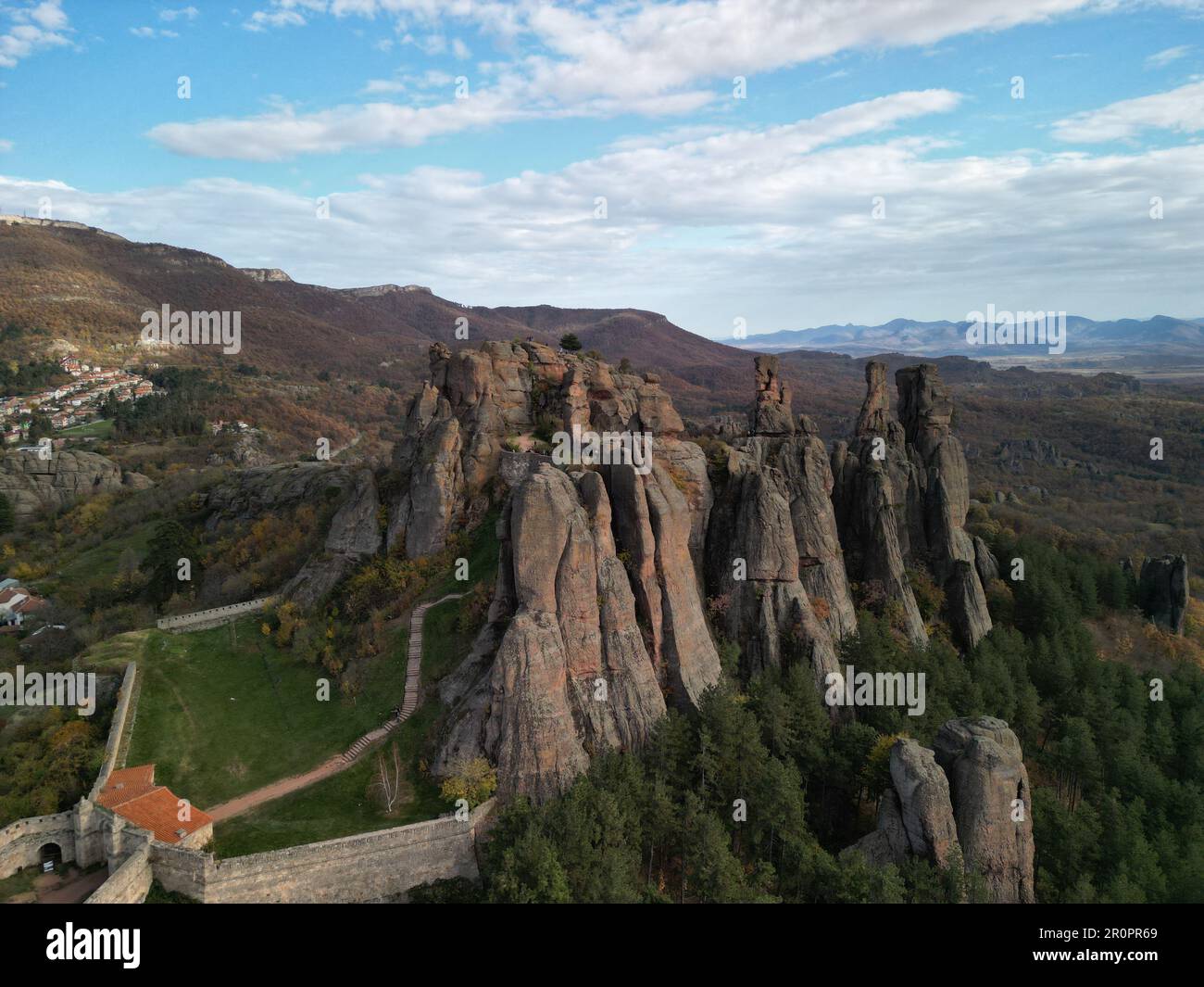 An aerial view of massive rocks in the town of Belogradchik. Vidin ...