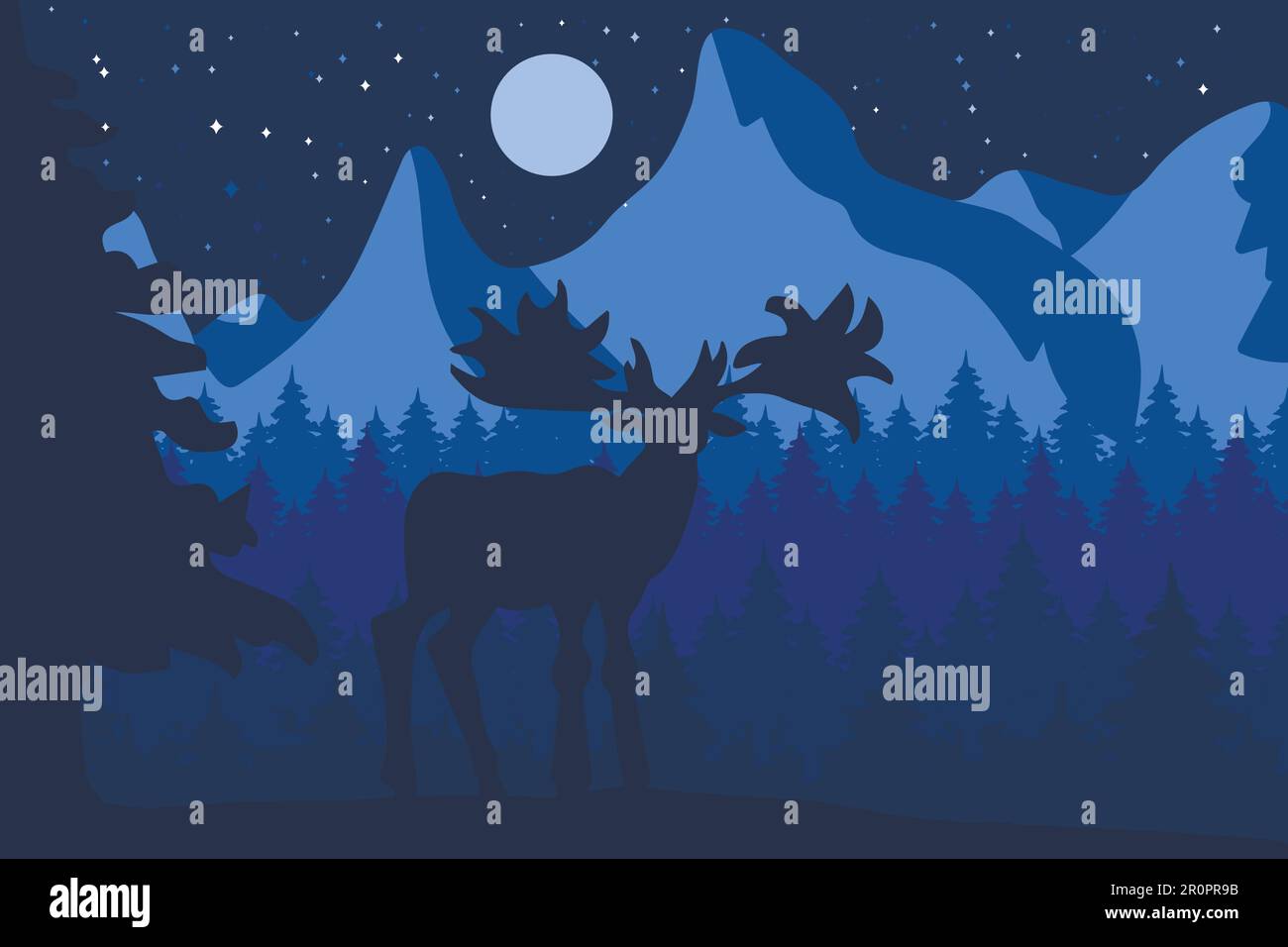 Elk in the night coniferous forest near the mountains under moon. Vector Stock Vector