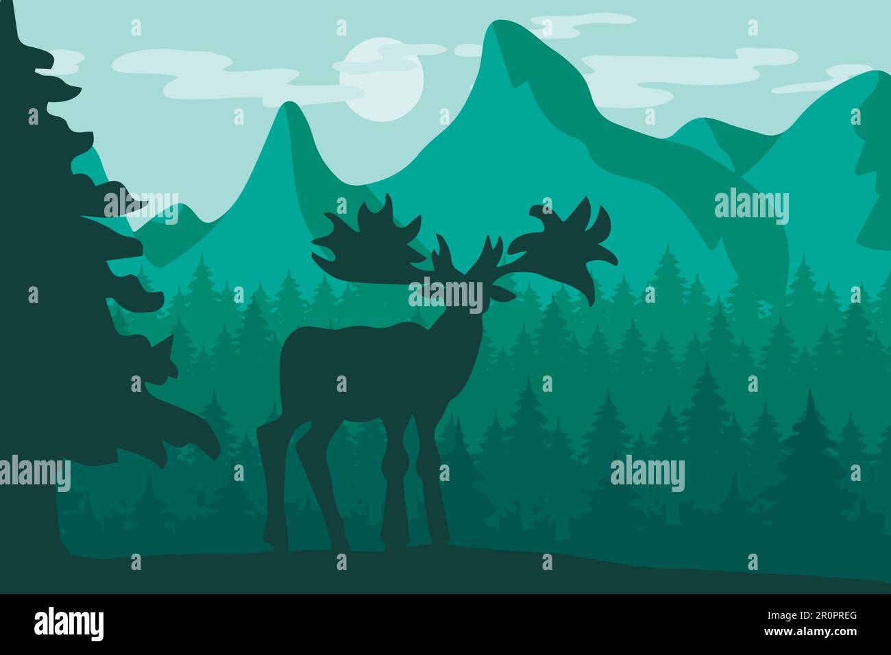 Walking wild deer in night mountain forest under moon. Vector Stock