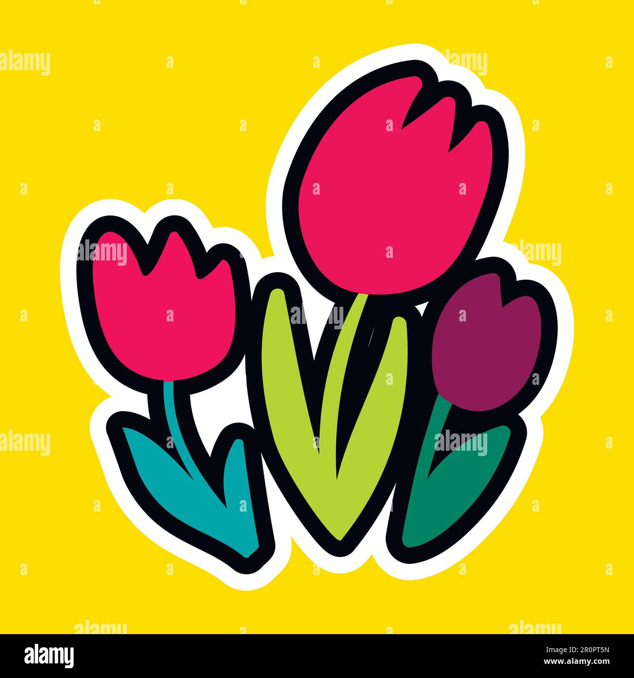 Vector Romantic Love Patch in doodle cartoon style. A bouquet of tulips. Girl fashion patchworks design. Nice cartoon sticker. Fun badge. Stock Vector