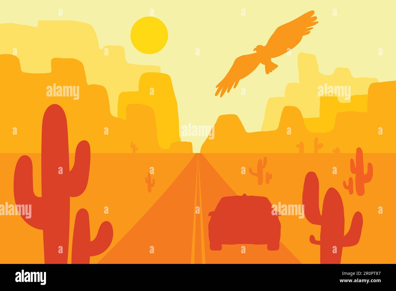 Desert landscape with eagle, cactus and sun. Wild west. Vector Stock Vector