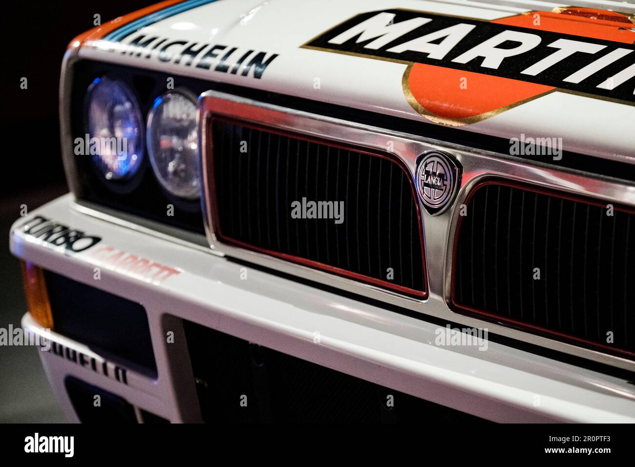 Torino, Italy - August 13, 2021: Close up of a Lancia Delta HF 4WD rally 1987 car showcased at the National Automobile Museum (MAUTO) in Torino, Italy Stock Photo