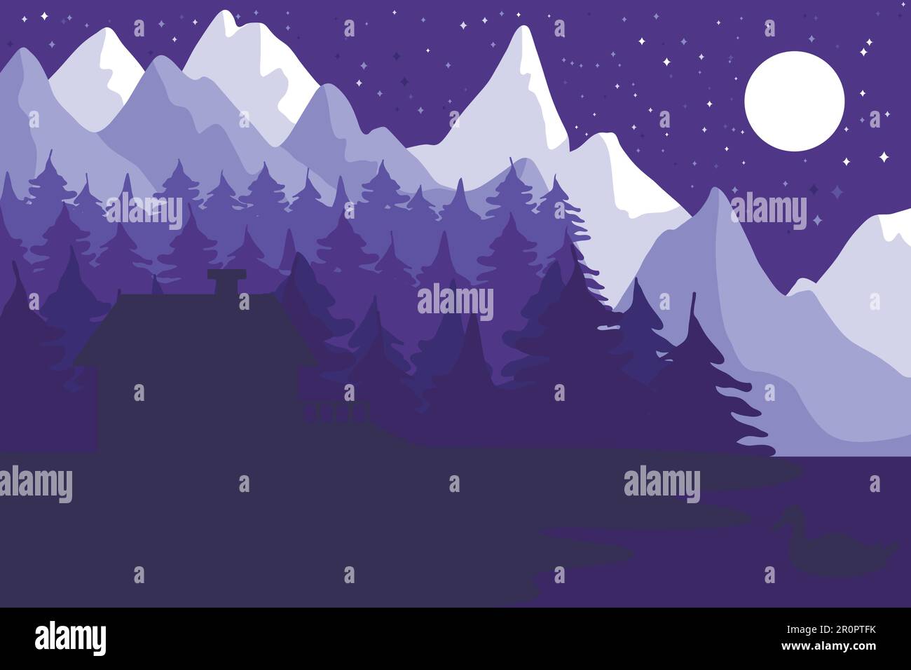 Forest house in the night coniferous forest near the mountains under moon. Vector Stock Vector
