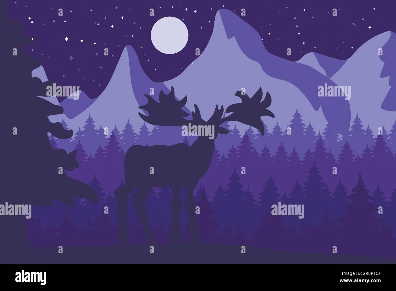 Elk in the night coniferous forest near the mountains under moon. Vector Stock Vector