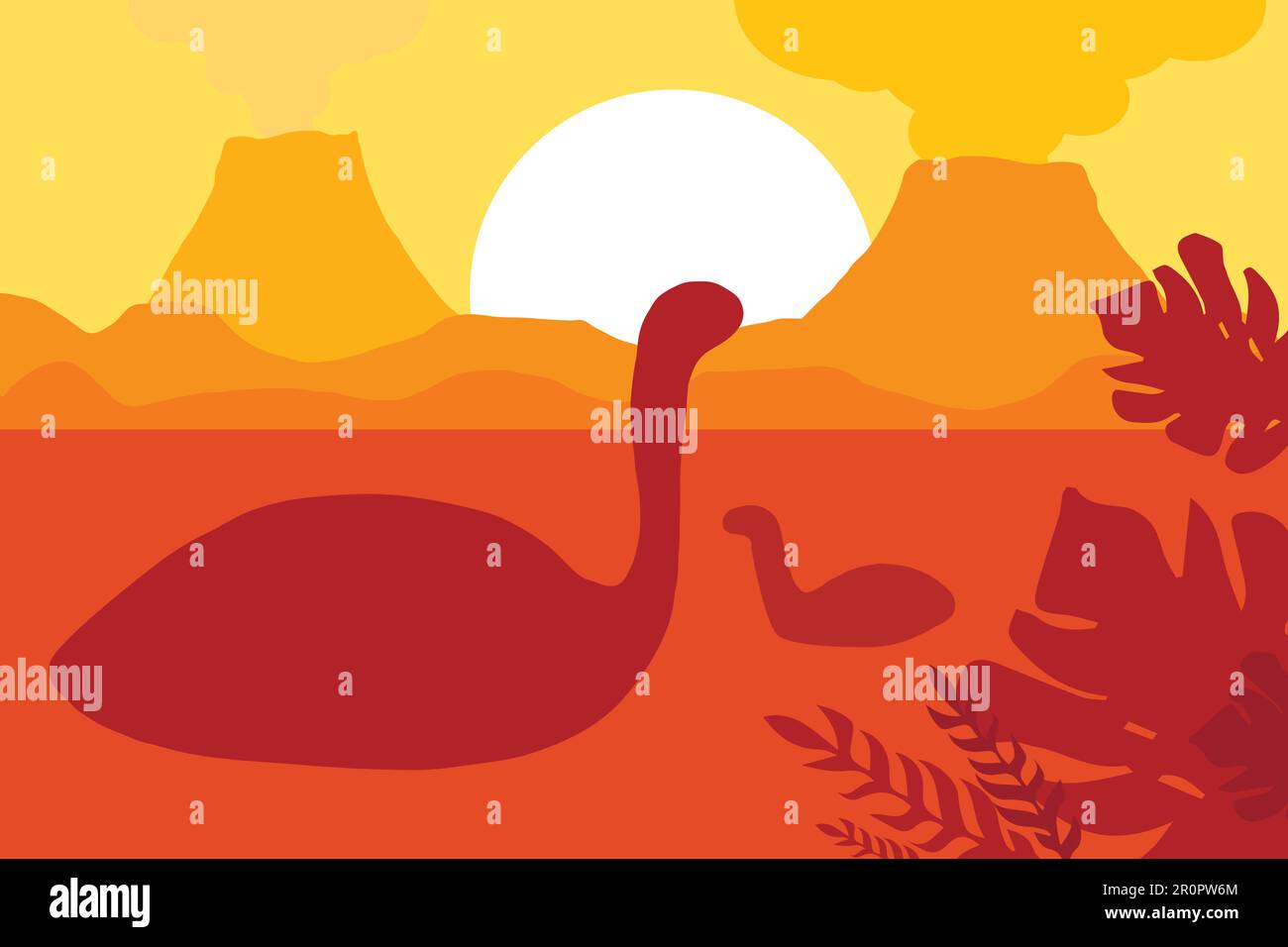 Age of dinosaurs in silhouettes. The natural landscape with the volcanoes and the sea. Tropical ocean shore. Mesozoic era. Yellow colors. Sunset or su Stock Vector