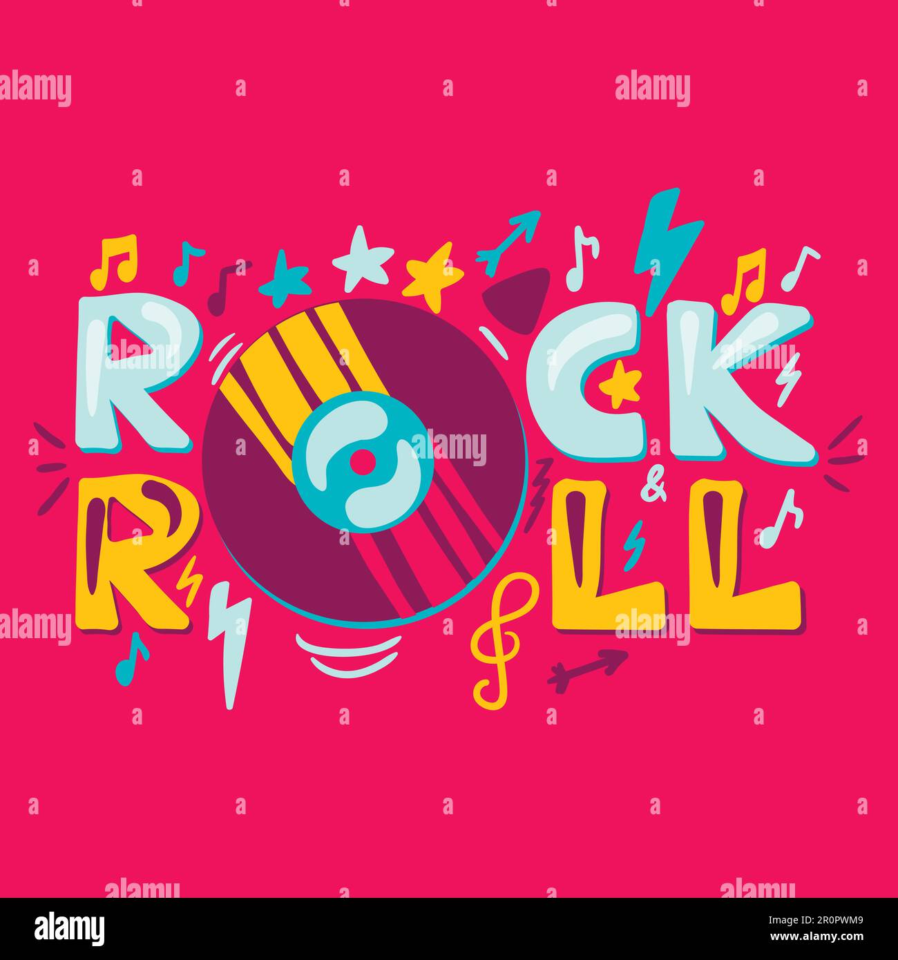 Rock n roll label with vinyl. Retro music symbol. Heavy metal sign