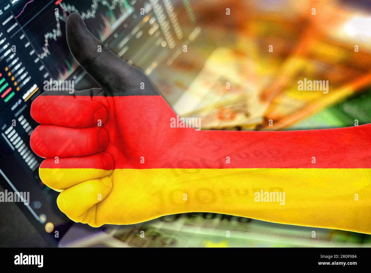 Economy graph thumb up with Germany flag, stock market indicators and