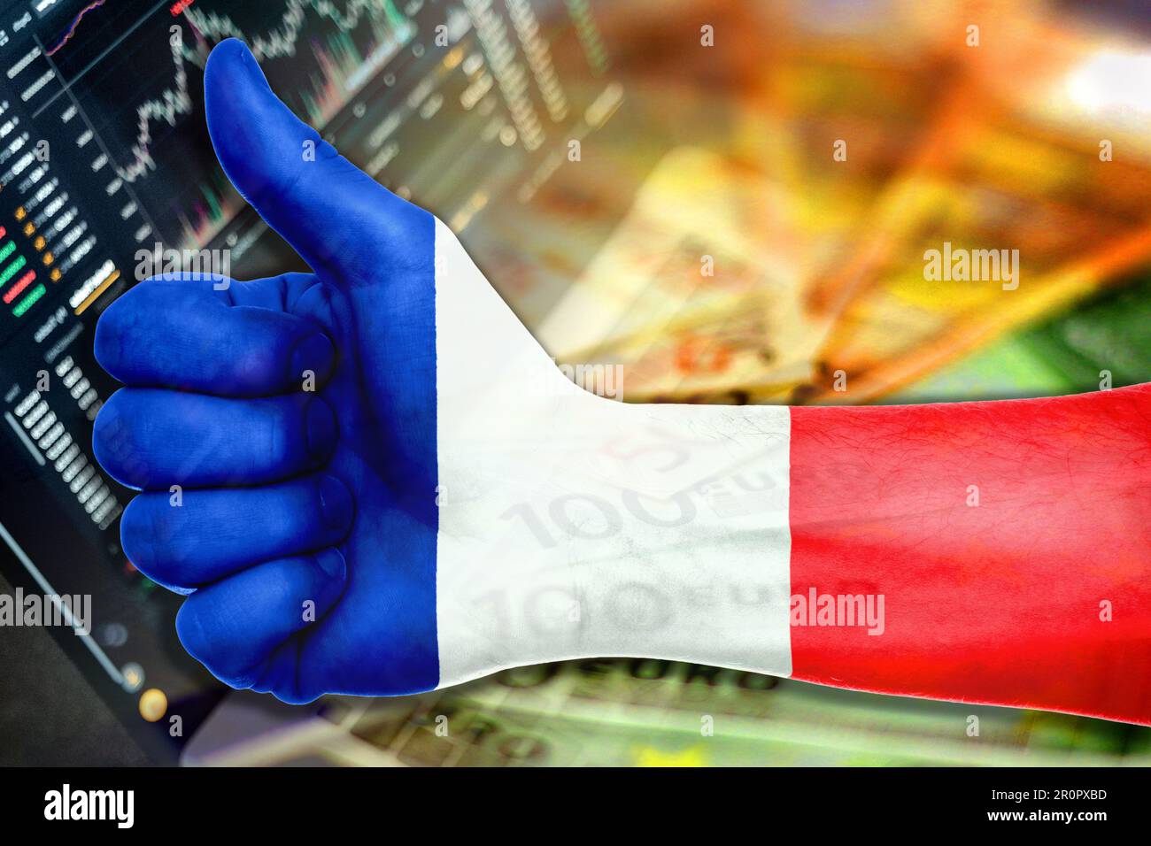 Economy graph: thumb up with France flag, stock market indicators and cash euro bills (money, inflation, success, markets, finance, business) Stock Photo