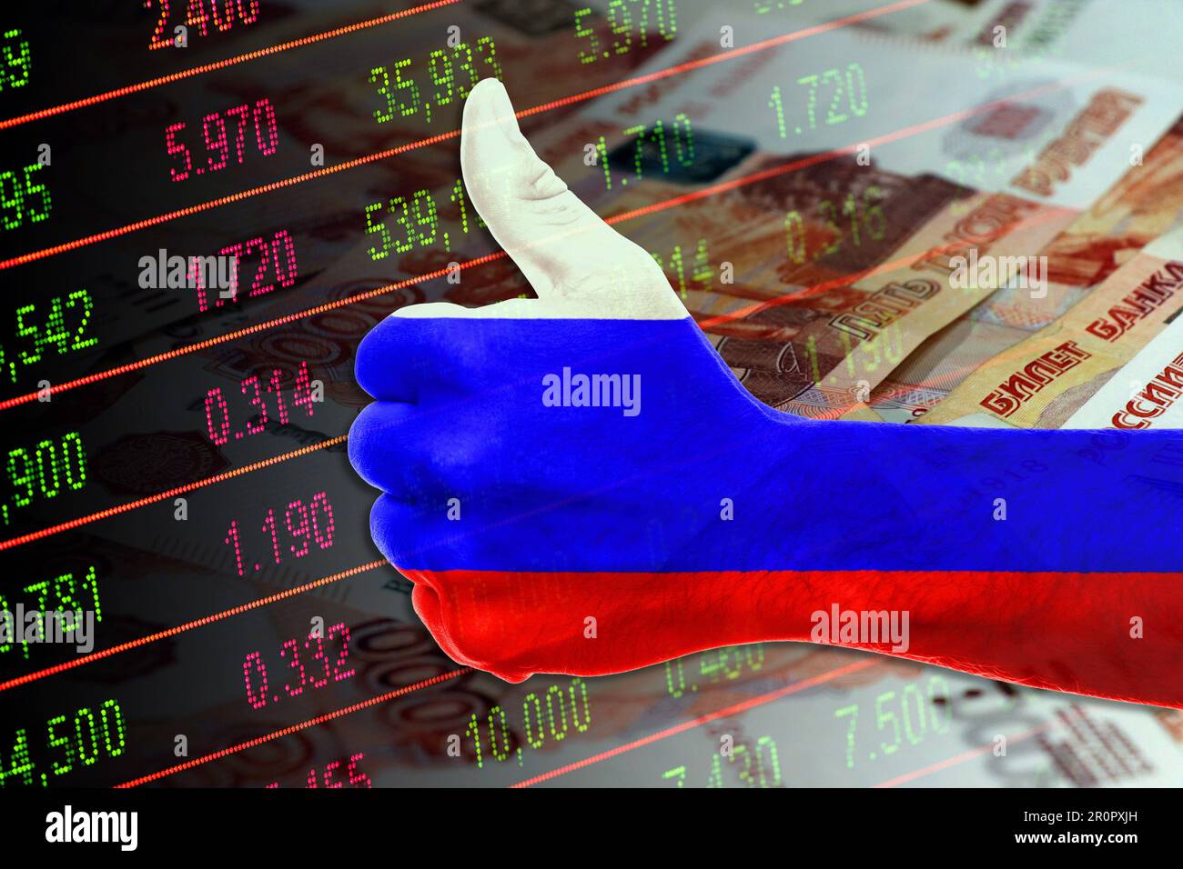 Economy graph thumb up with Russia flag, stock market indicators and
