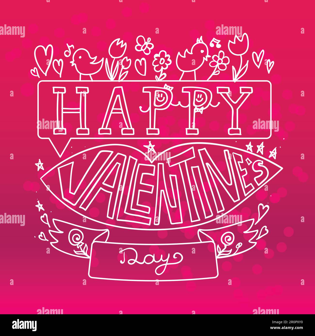 Happy Valentines Day Greeting Banner with pink lips, flowers, birds and ...