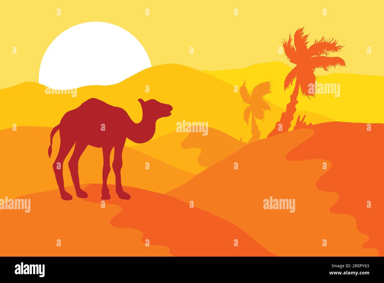 Desert landscape with camel, palm trees and sun. Vector Stock Vector
