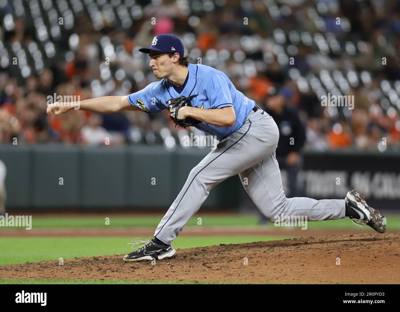 Tampa Bay Rays pitcher Kevin Kelly (49) replaces pitcher Colin Poche (38) in the bottom of the 8th inning against the Baltimore Orioles  at Oriole Park at Camden Yards on Thursday, May 8, 2023 in Baltimore, MD. (Alyssa Howell/Image of Sport) Stock Photo