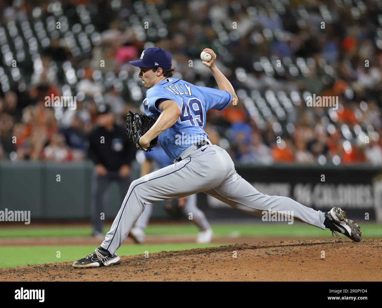 Tampa Bay Rays pitcher Kevin Kelly (49) replaces pitcher Colin Poche (38) in the bottom of the 8th inning against the Baltimore Orioles  at Oriole Park at Camden Yards on Thursday, May 8, 2023 in Baltimore, MD. (Alyssa Howell/Image of Sport) Stock Photo