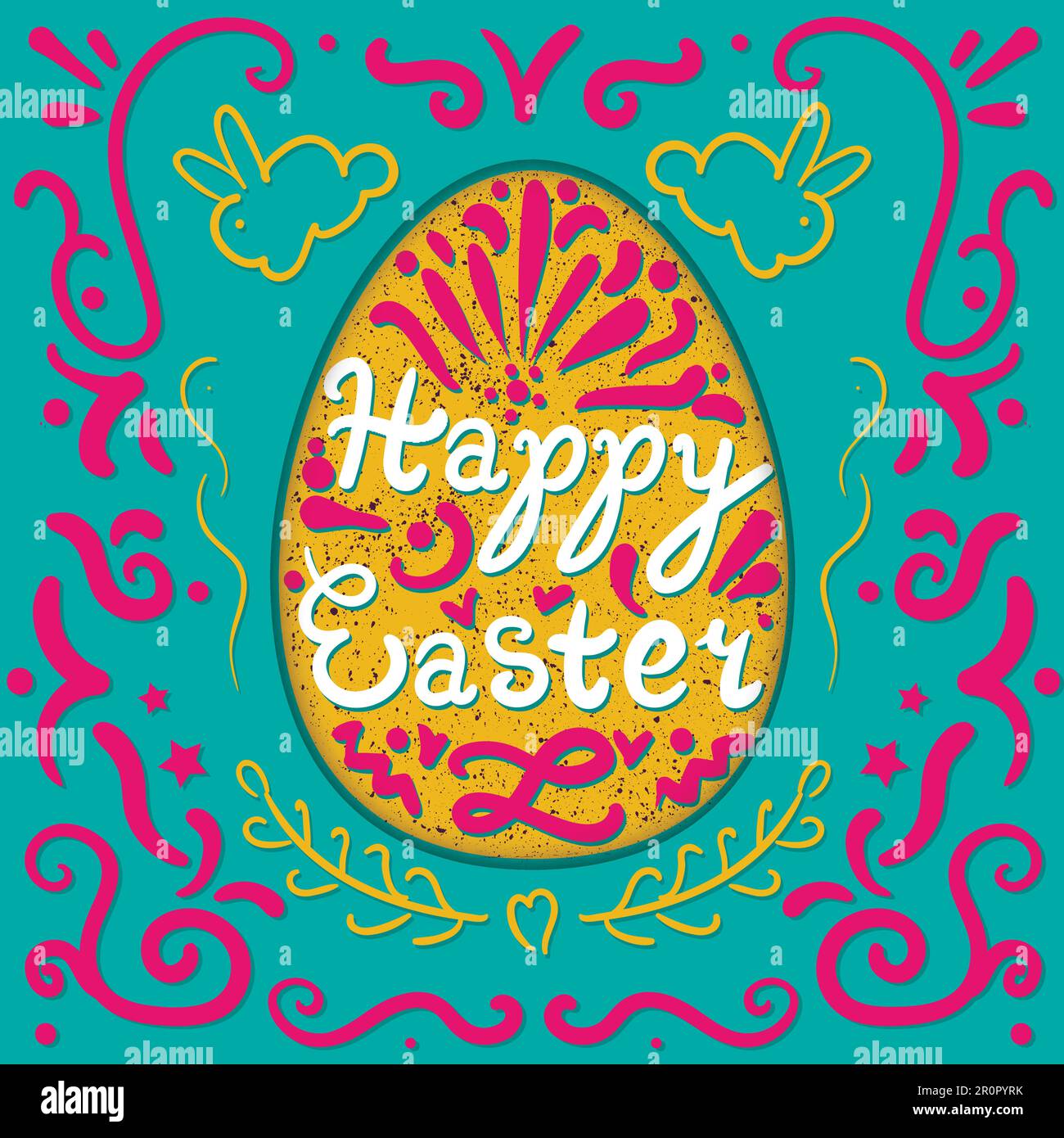 Vintage Happy Easter lettering in egg with rabbits. Vector Stock Vector ...