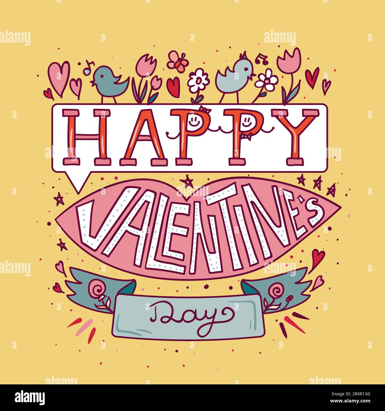 Happy Valentines Day Greeting Banner with pink lips, flowers, birds and ...
