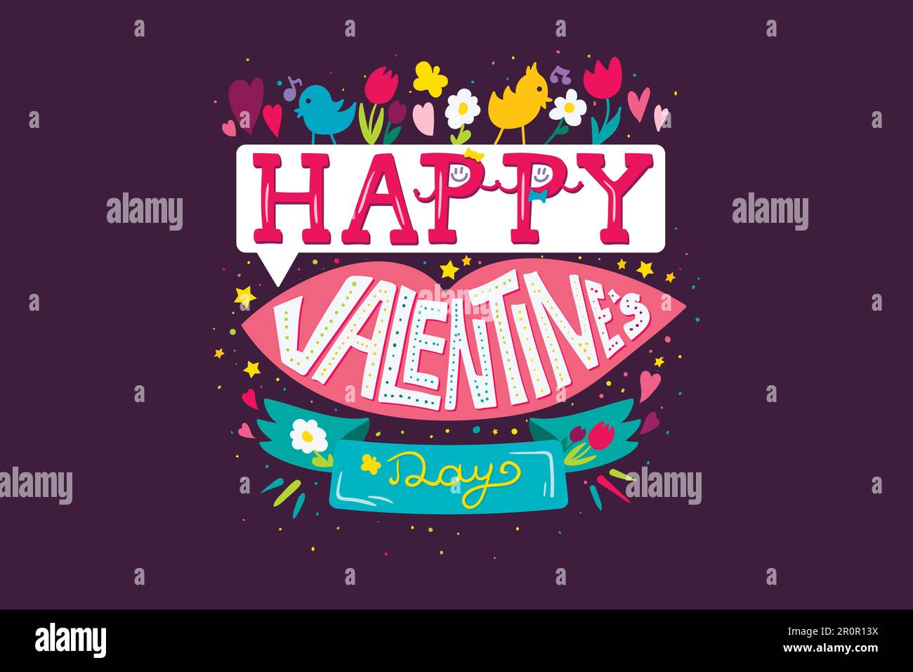 Happy Valentines Day Greeting Banner with pink lips, flowers, birds and ...
