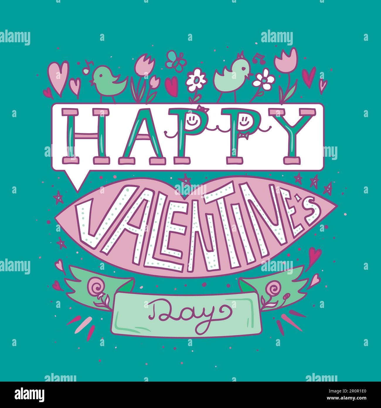 Happy Valentines Day Greeting Banner with pink lips, flowers, birds and ...