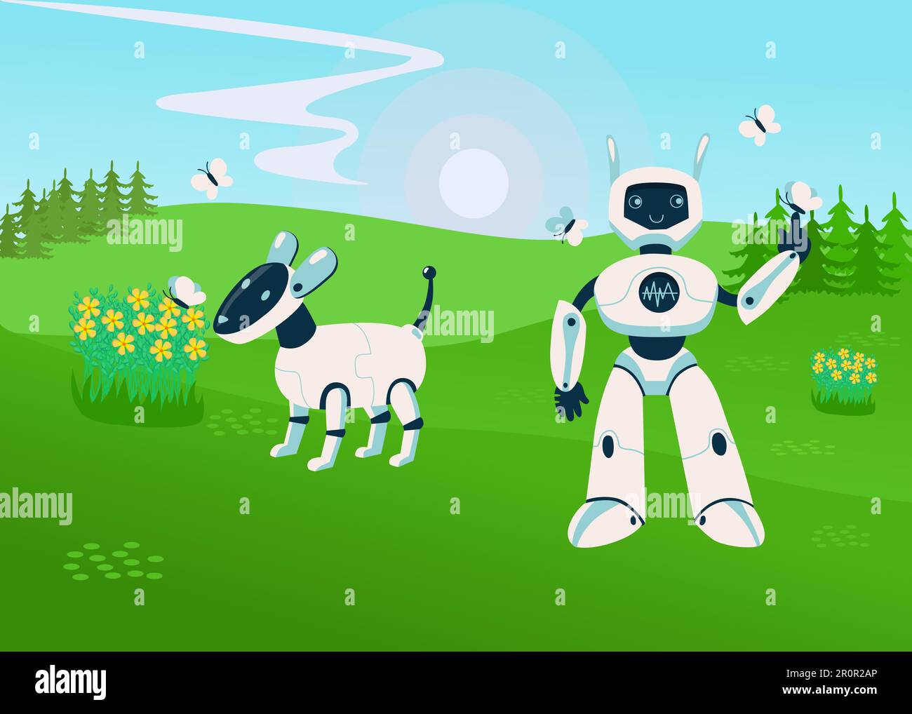 Robot walking mechanical dog on summer meadow with green grass Stock Vector