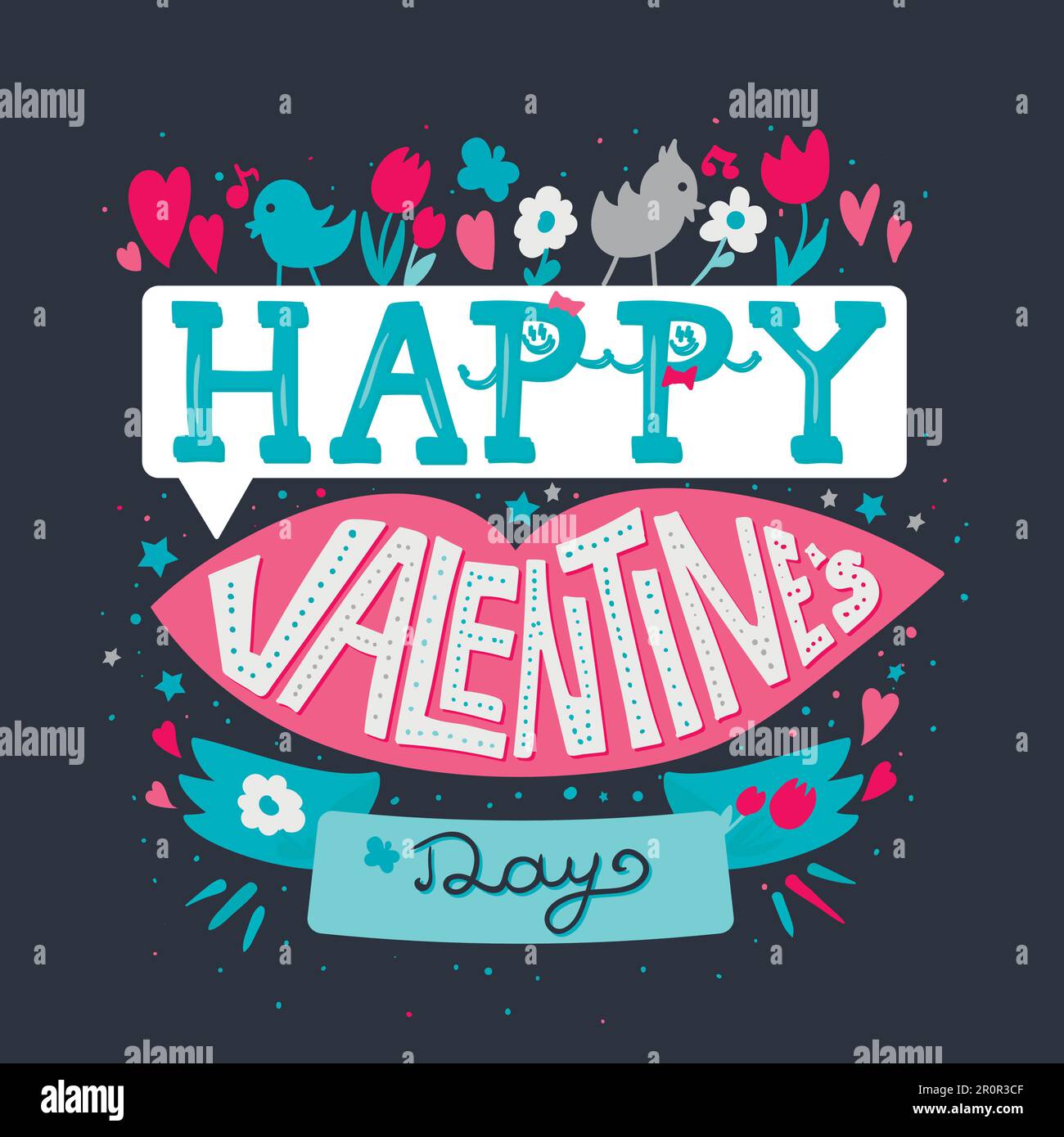 Happy Valentines Day Greeting Banner with pink lips, flowers, birds and ...