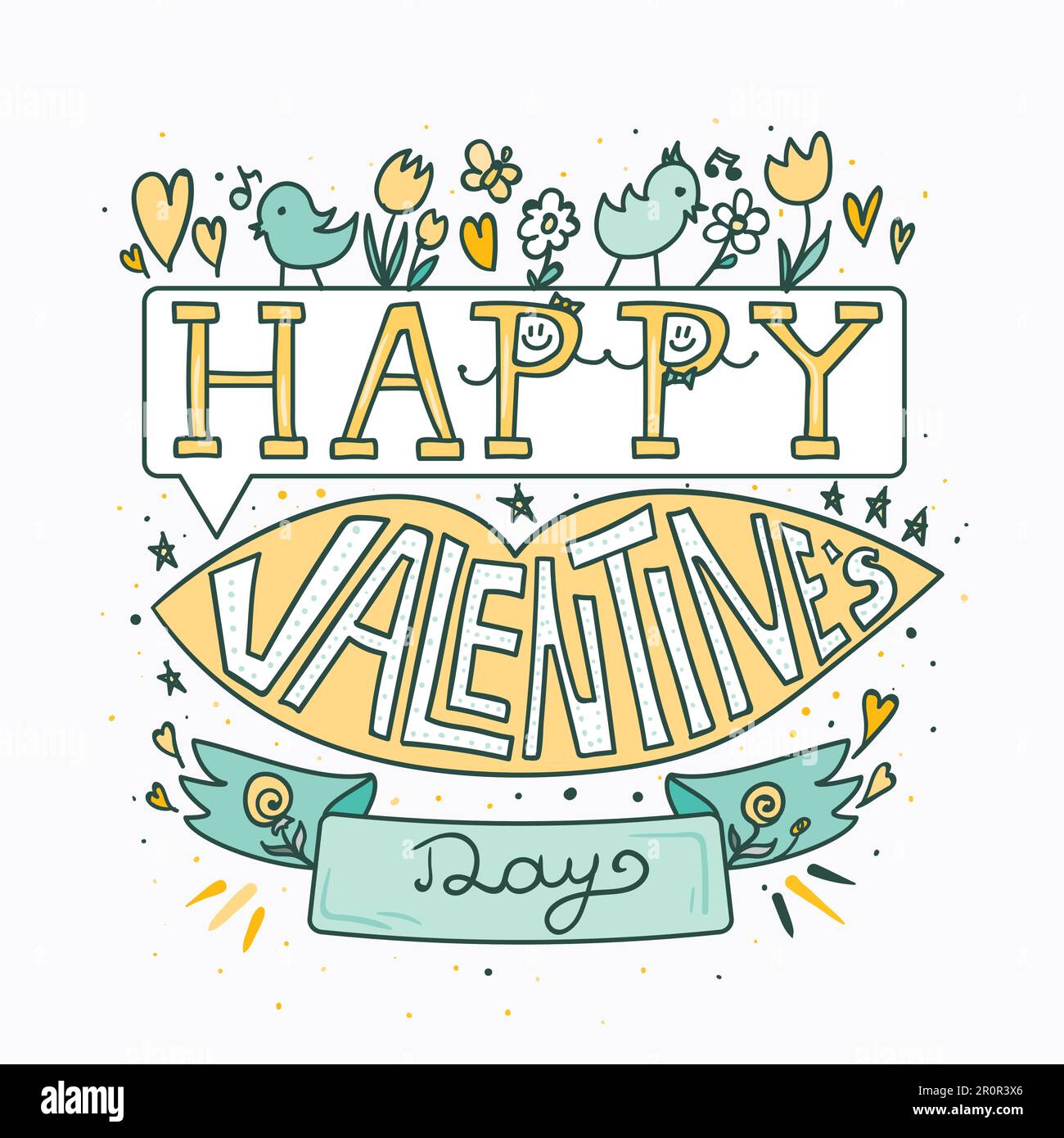 Happy Valentines Day Greeting Banner with pink lips, flowers, birds and ...