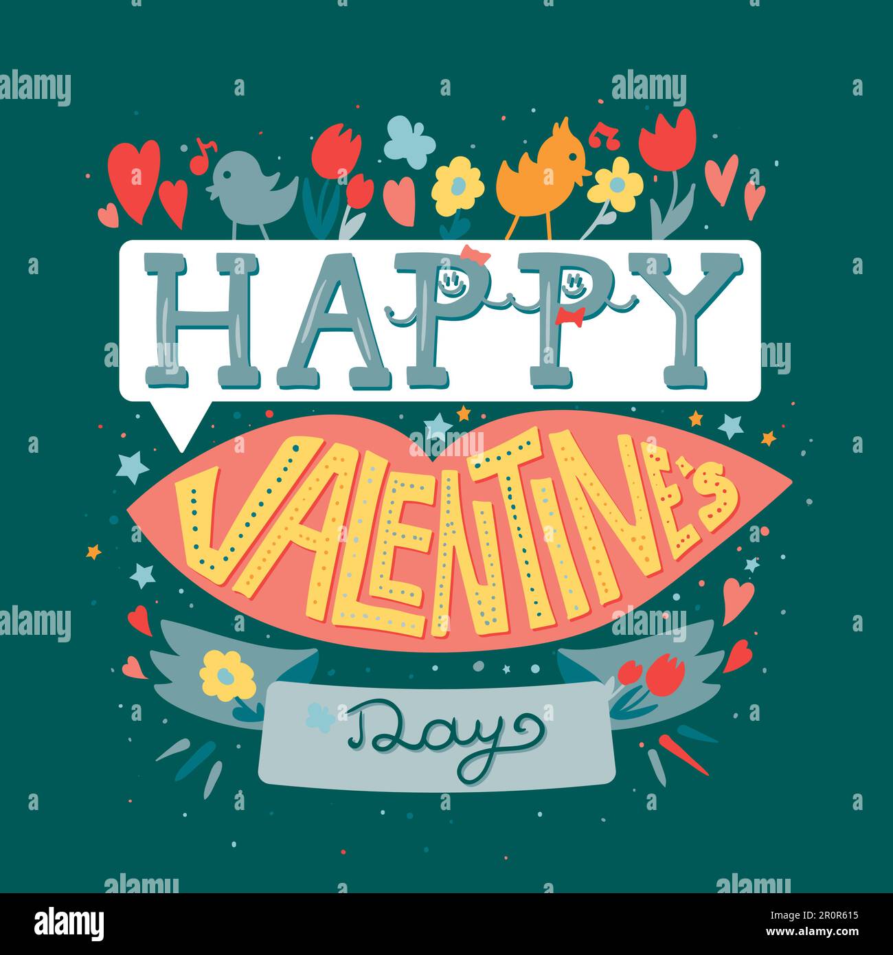 Happy Valentines Day Greeting Banner with pink lips, flowers, birds and ...