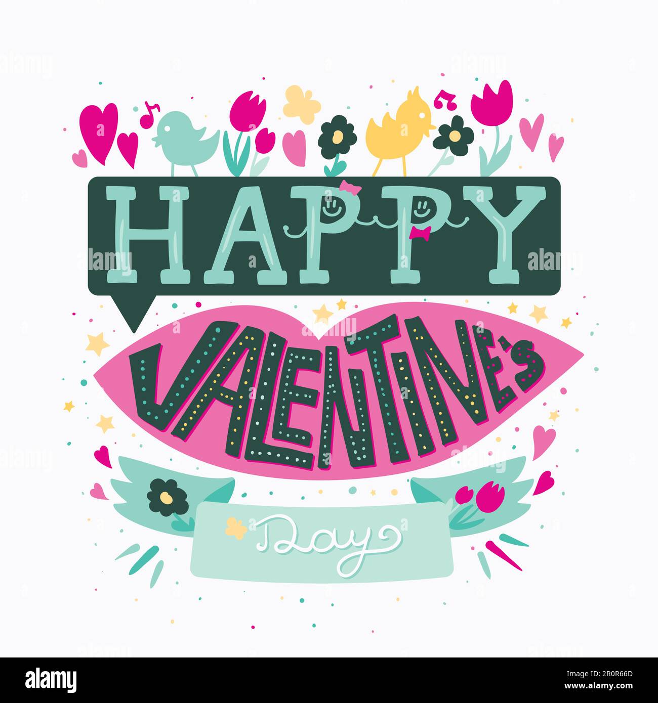 Happy Valentines Day Greeting Banner with pink lips, flowers, birds and ...