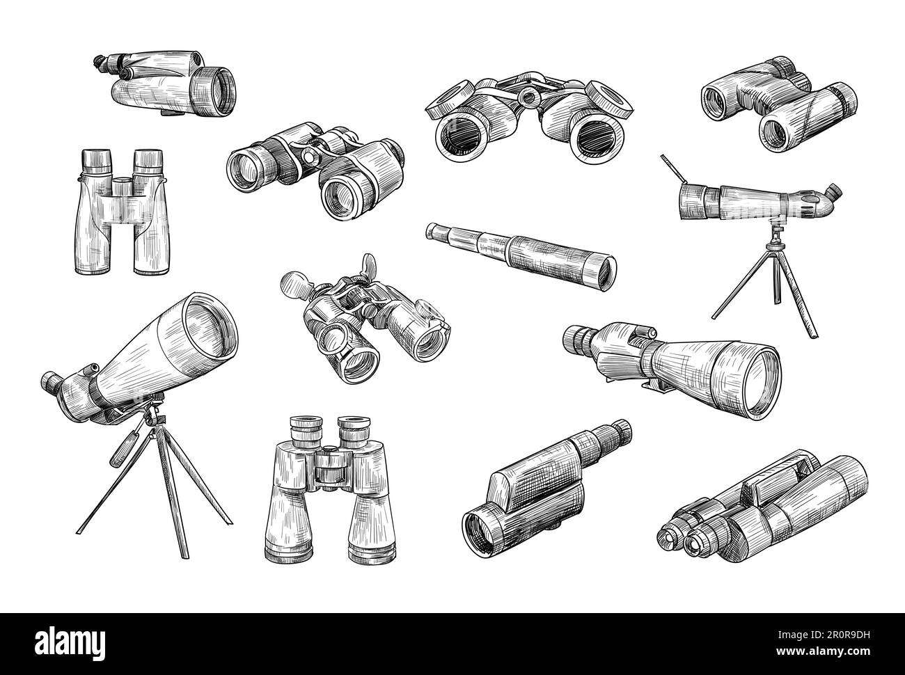 Antique and military binoculars and telescopes drawn set Stock Vector