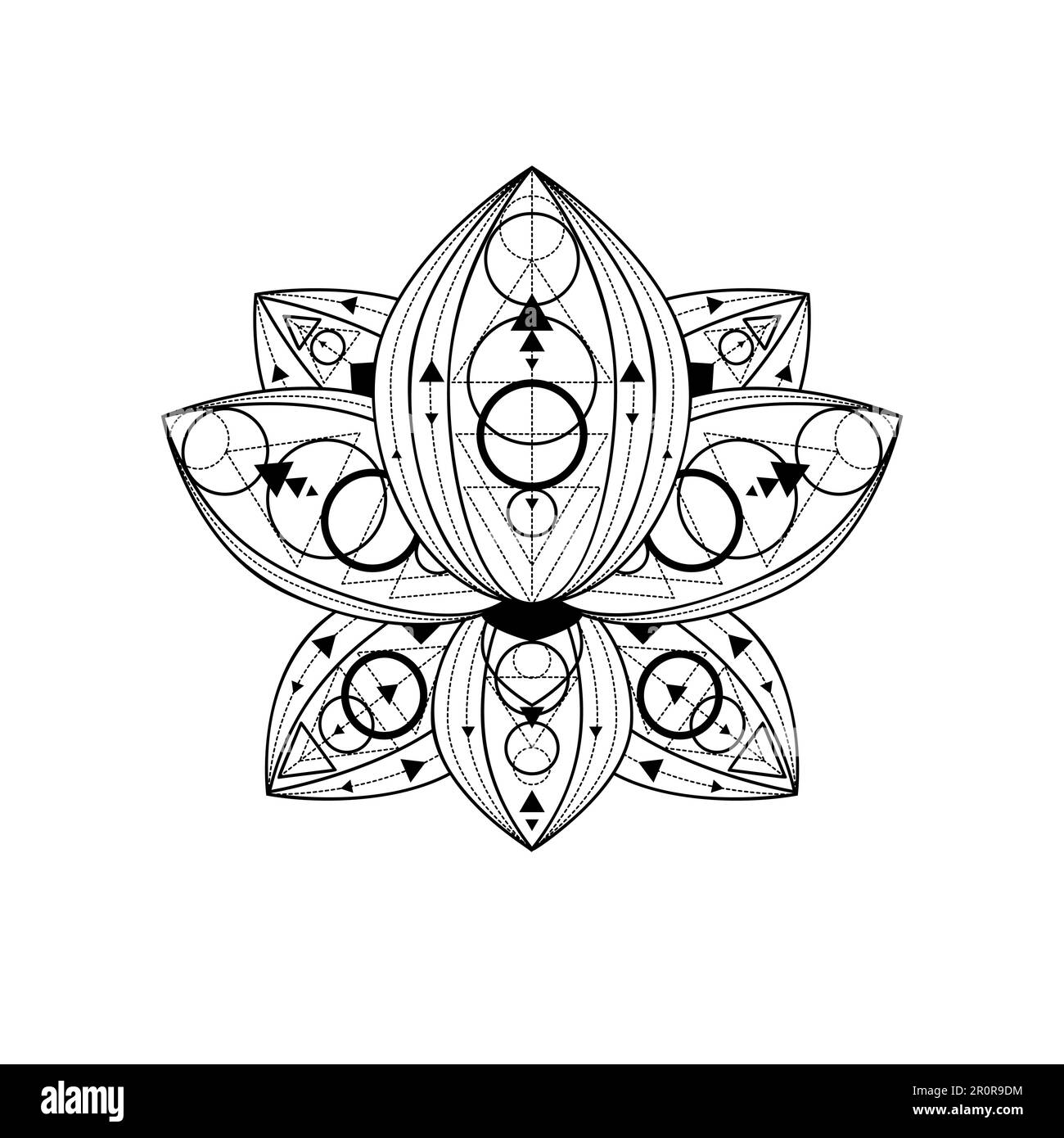Lotus flower with geometric ornament vector linear illustration. Indian ...
