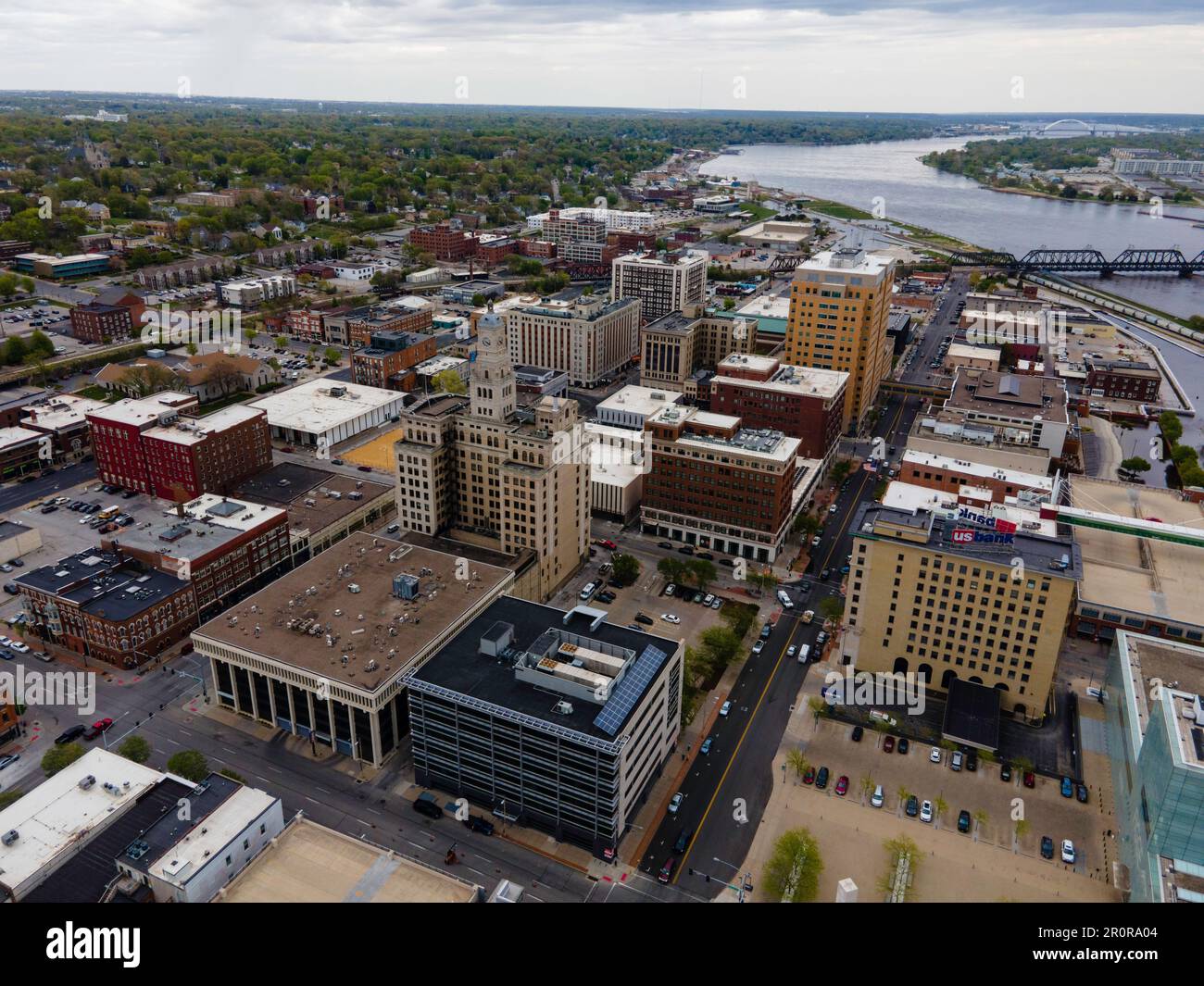 Aerial view of Davenport during the Spring, 2023 flood; Davenport, Iowa