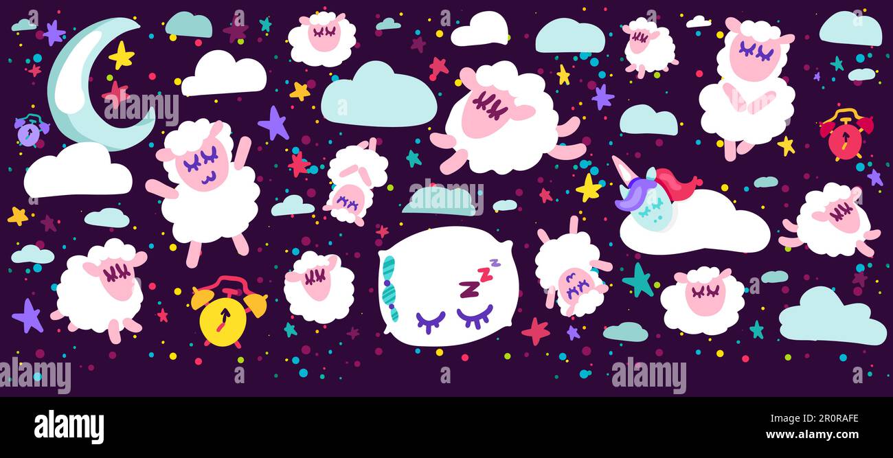 Sleeping sheep vector illustrations set. Bed time positive illustration. Night sky design elements Stock Vector