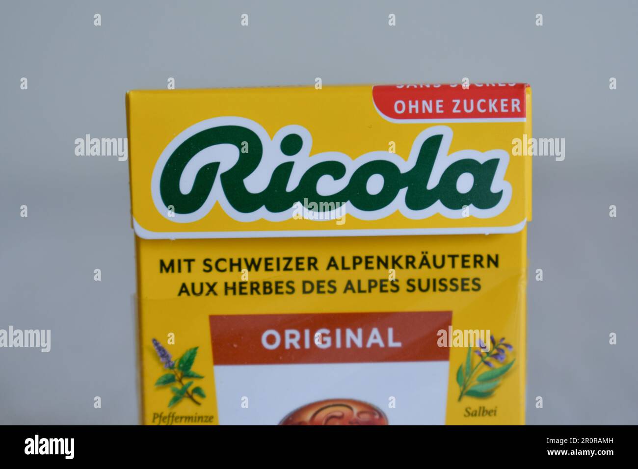 traditional swiss Ricola candy cough drops, original herb sweets sugarfree Stock Photo