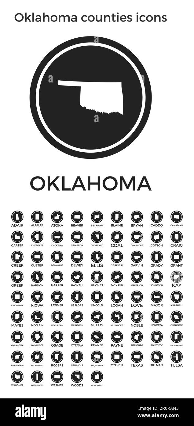 Oklahoma counties icons. Black round logos with us state counties maps and titles. Vector illustration. Stock Vector