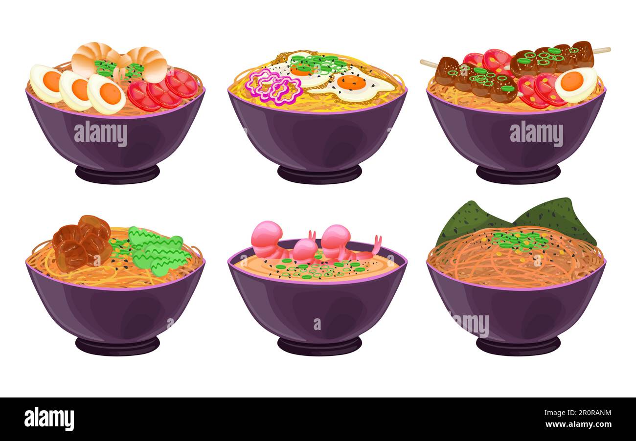 Japanese noodles in bowls vector illustrations set Stock Vector Image